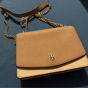 Tory Burch Two-Tone Tan Leather Crossbody with Gold Chain